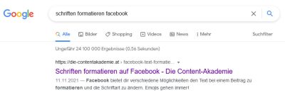 Google suche: Facebook Schriften Formatieren