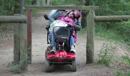 Frau auf Rollstuhl vor Holzschranken. Barrierefrei: Zugang für alle
